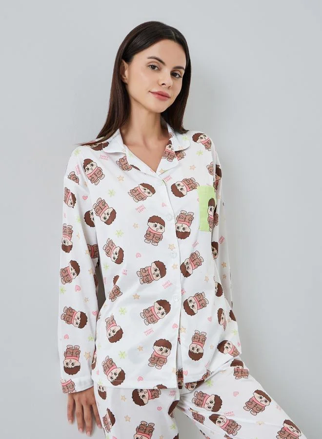 Styli Women Cute Cartoon Print Shirt and Pyjama Set